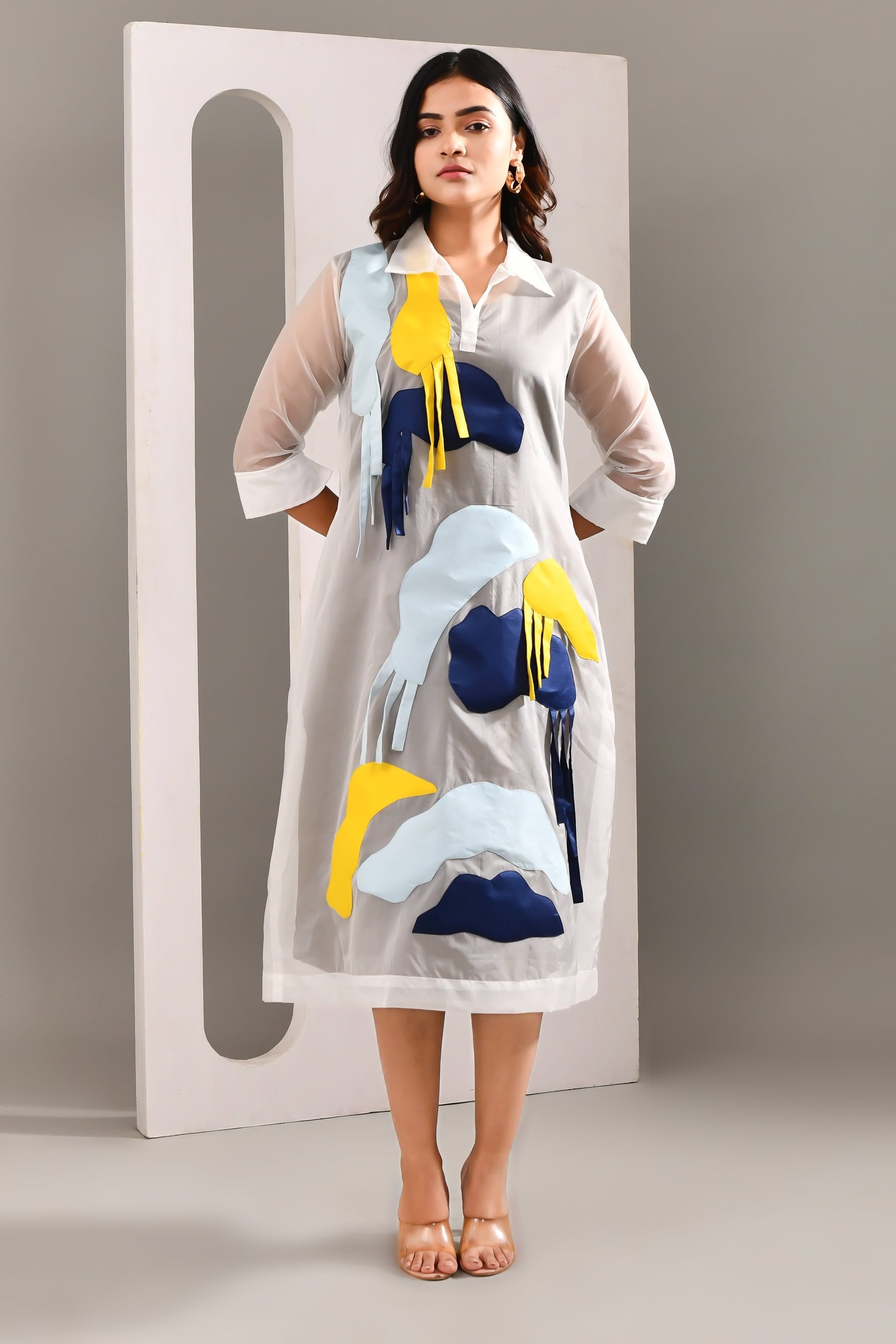 Multicolored  Layered Blended Cotton & Organza Abstract Patterned Dress - Golden Muslin