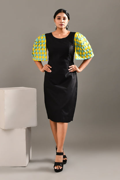 Personified Black Blended Cotton Geometric Style Dress - Golden Muslin