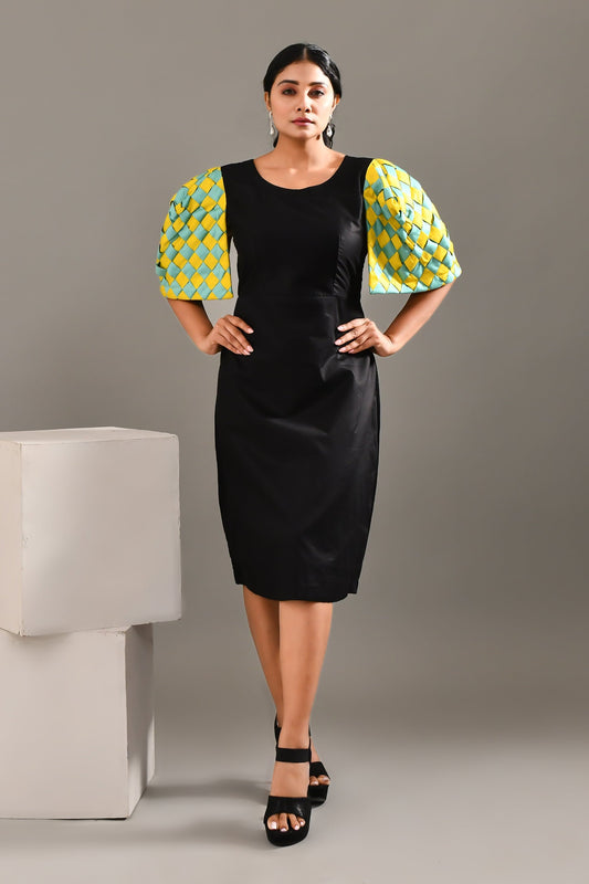 Personified Black Blended Cotton Geometric Style Dress - Golden Muslin