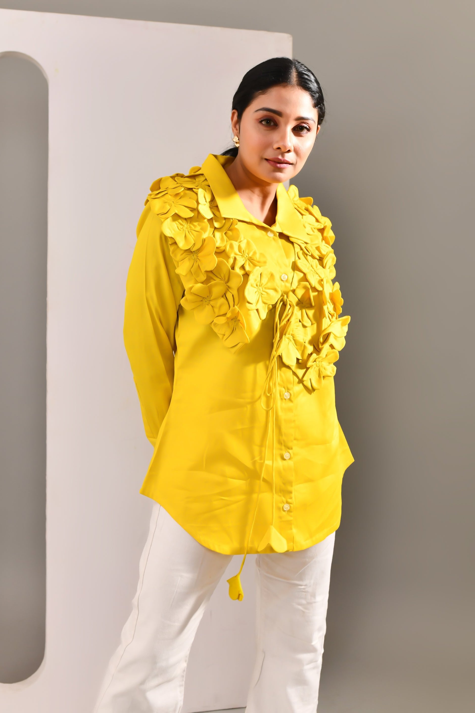 Vibrant Yellow Flower Worked Blended Cotton Shirt - Golden Muslin