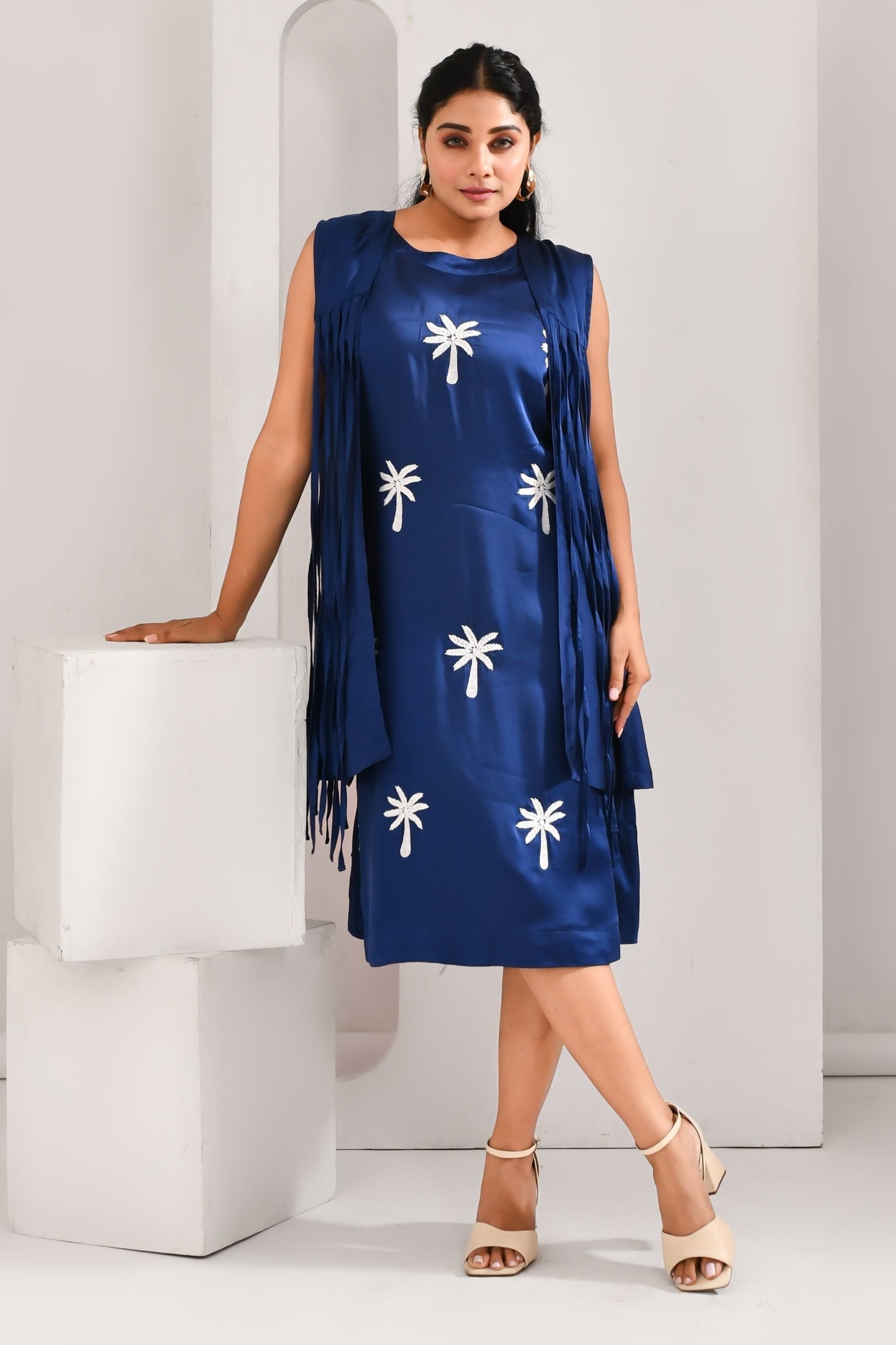 Royal Blue Blended Cotton and Organza Tree Embroidered Dress - Golden Muslin