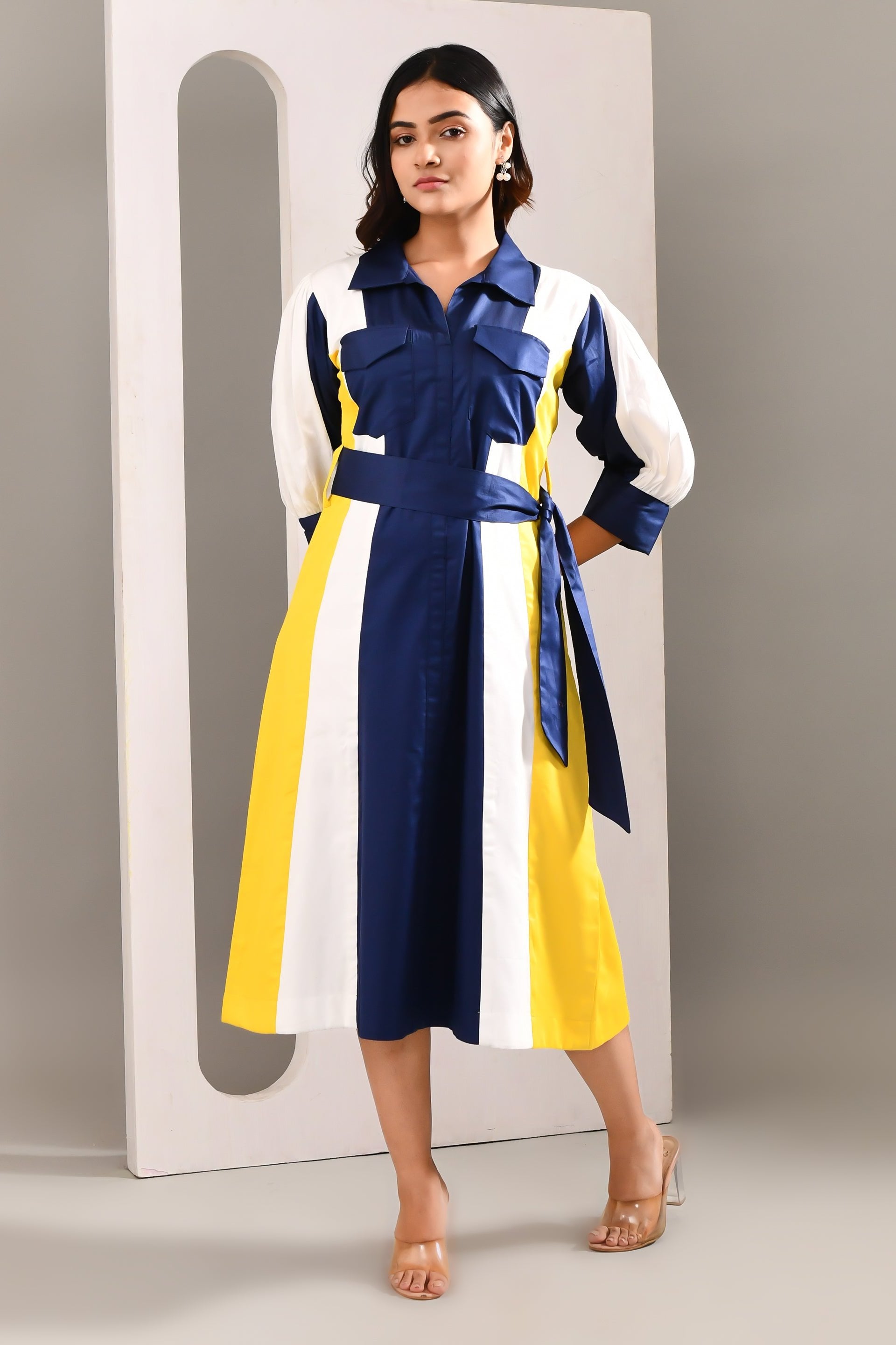 Multicolored Blended Cotton Self Textured Dress - Golden Muslin