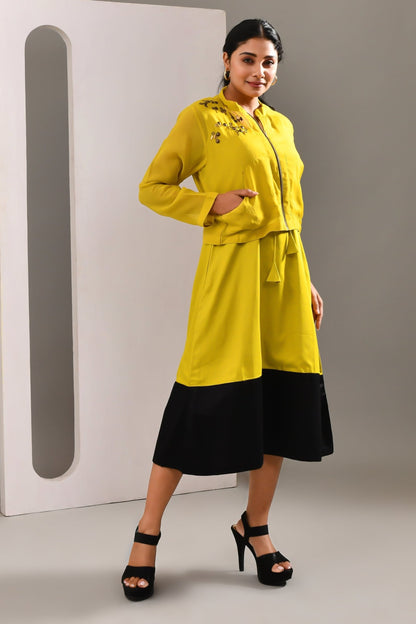 Deep Lime Green Blended Cotton and Organza Co Ord Set - Golden Muslin
