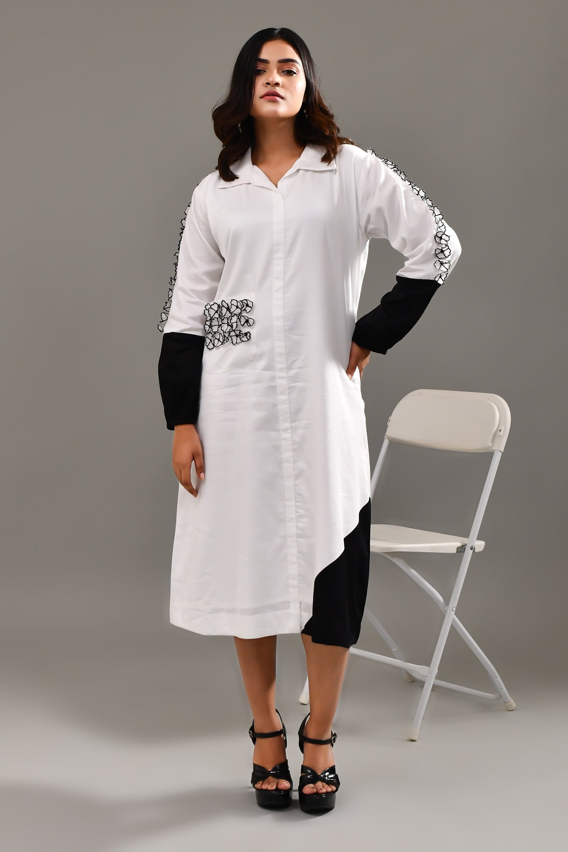 White and Black Blended Cotton Dress - Golden Muslin