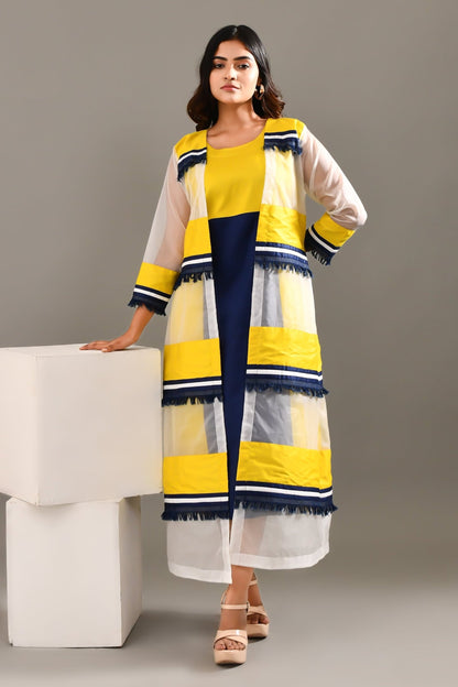 Captivating Multicolored Blended Cotton & Organza Jacket Style Dress - Golden Muslin