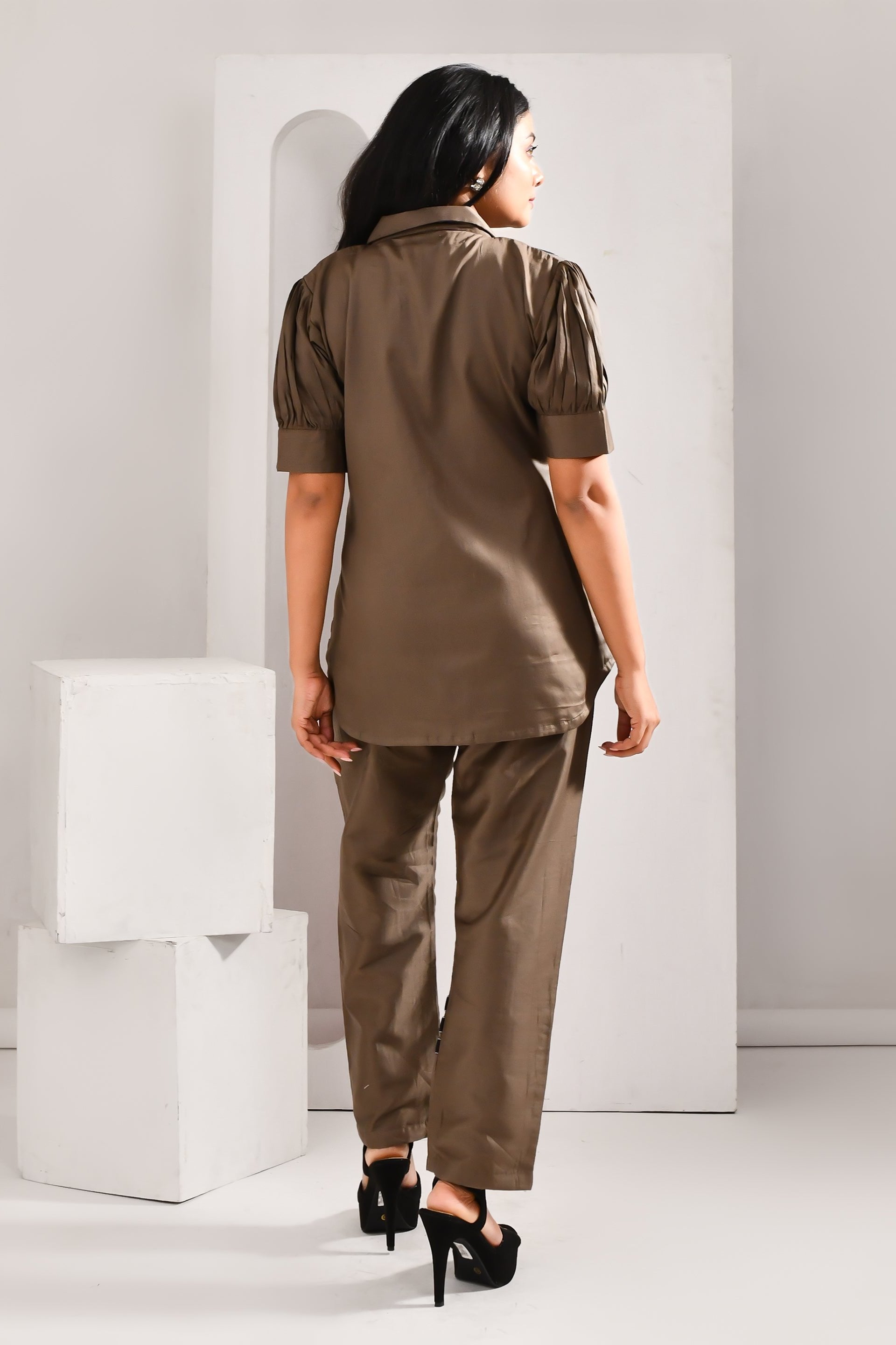 Khaki Brown  Geometric Patterned Blended Cotton Co Ord Set - Golden Muslin