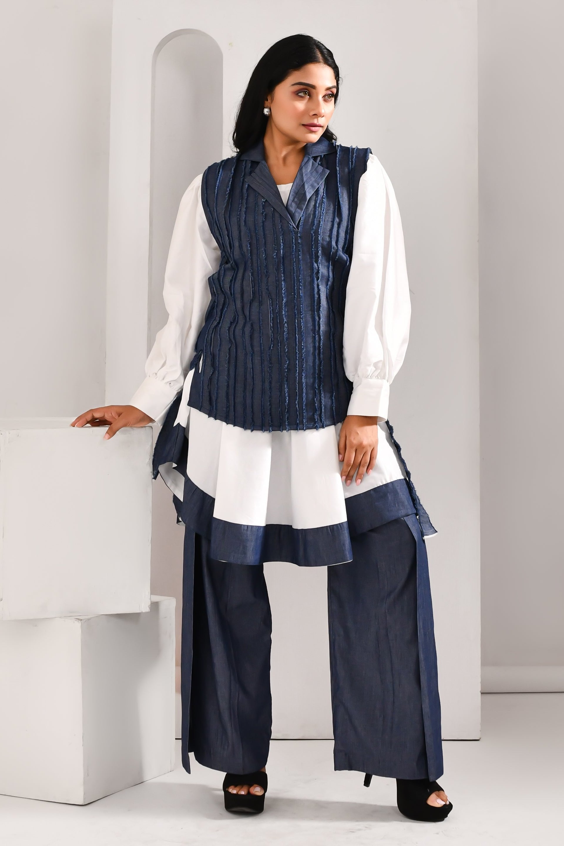 Denim Blue & White Blended Cotton & Organza Co Ord Set - Golden Muslin