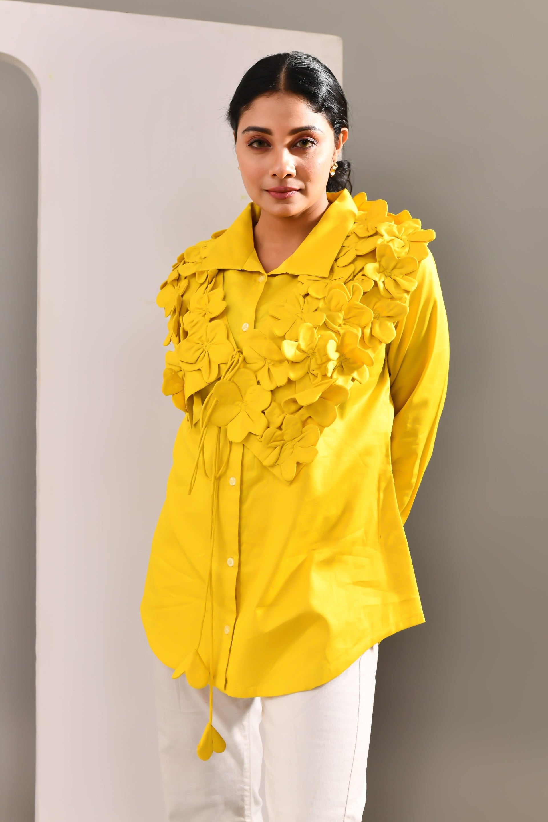Vibrant Yellow Flower Worked Blended Cotton Shirt - Golden Muslin