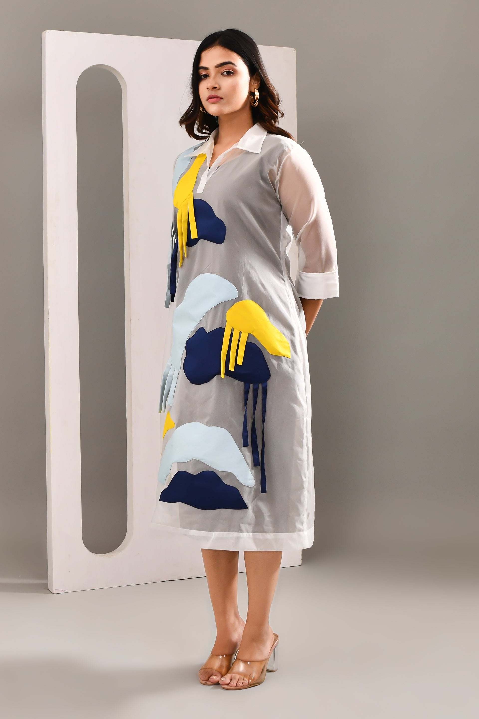 Multicolored  Layered Blended Cotton & Organza Abstract Patterned Dress - Golden Muslin