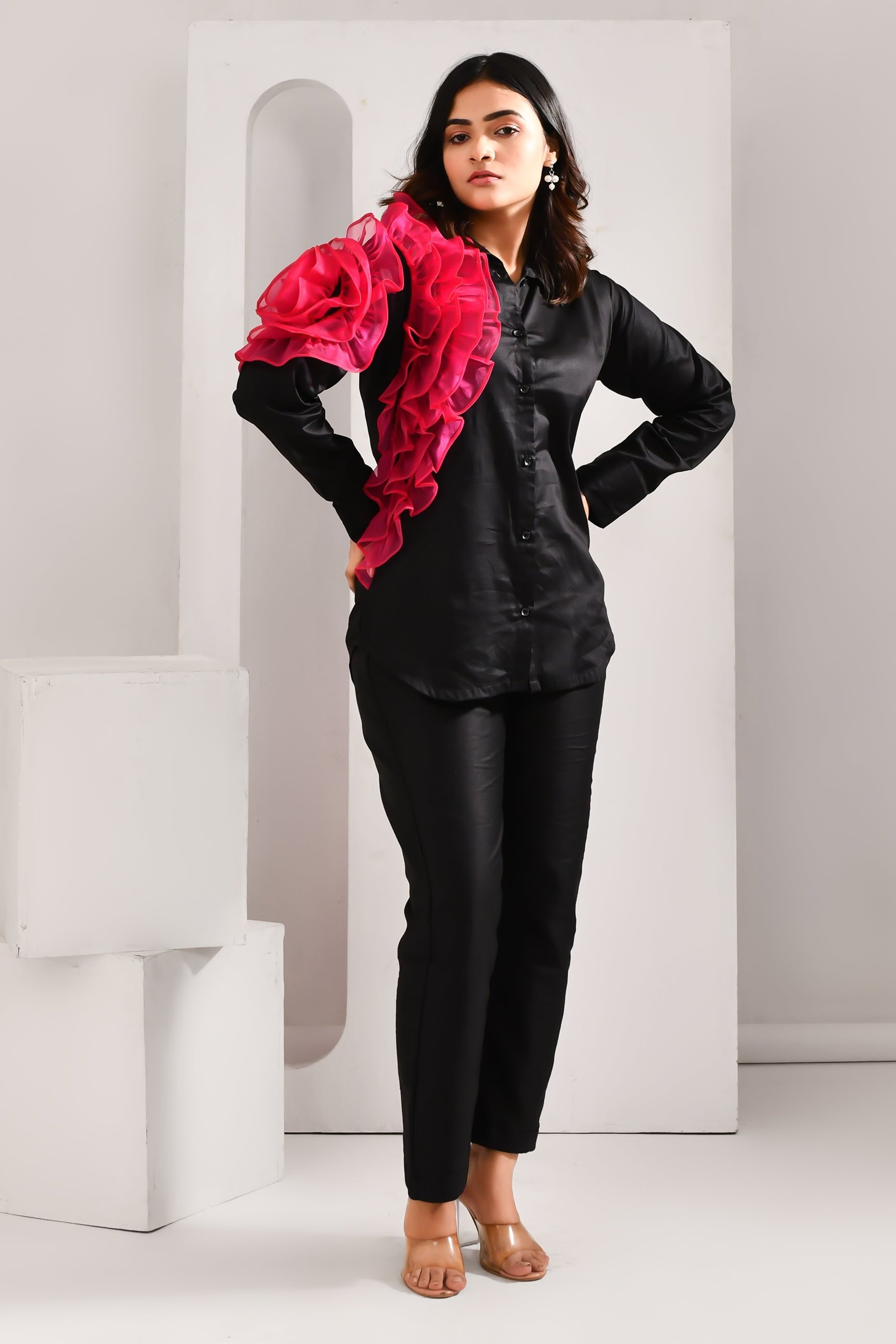 Black and Pink Flower Textured Blended Cotton Shirt - Golden Muslin