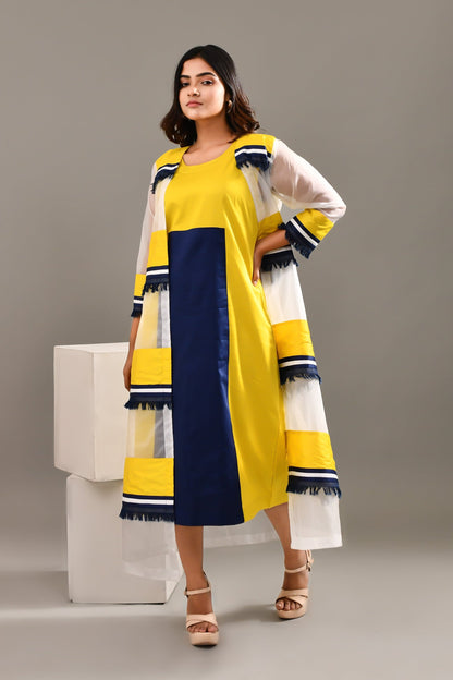 Captivating Multicolored Blended Cotton & Organza Jacket Style Dress - Golden Muslin
