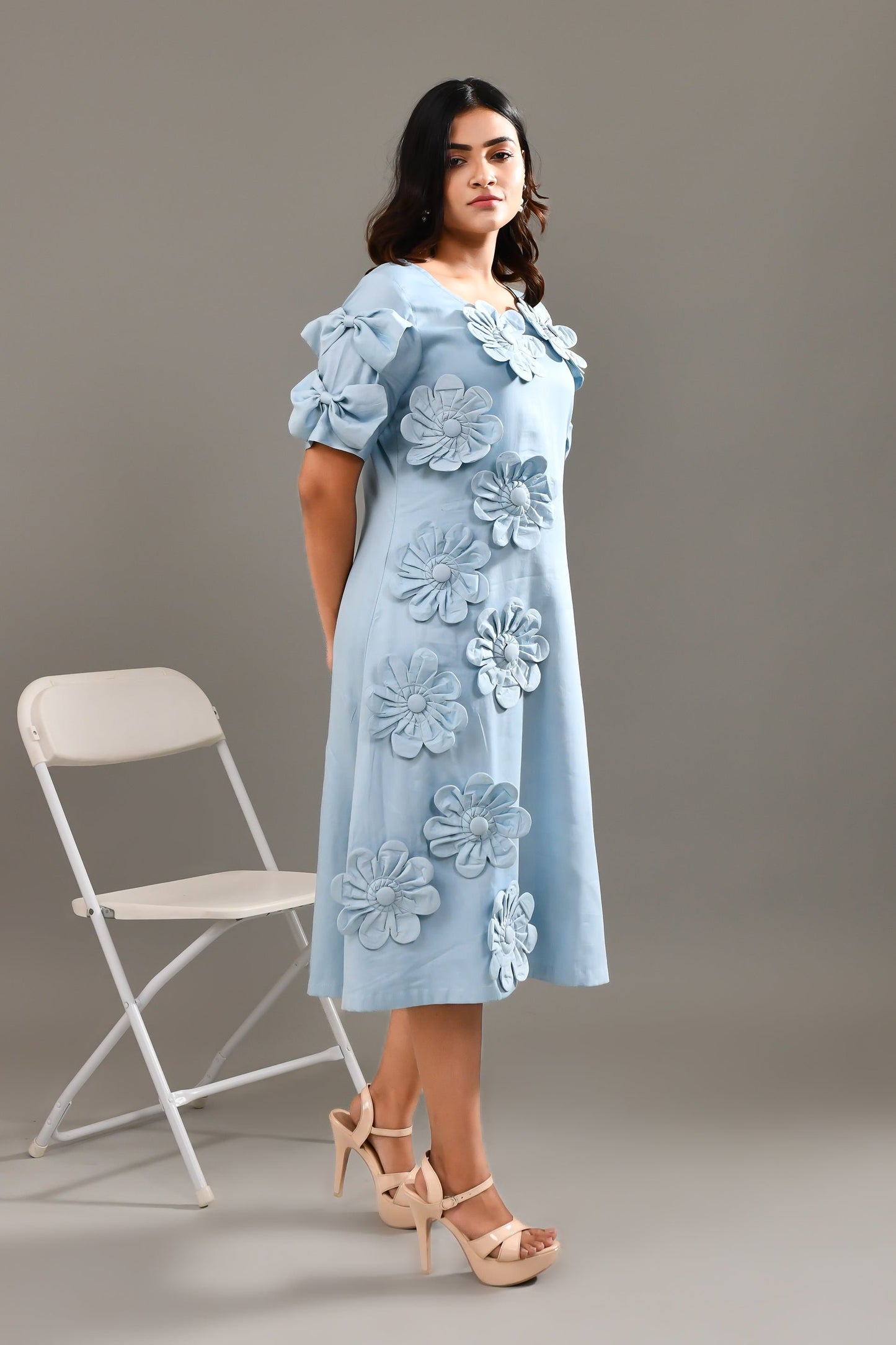Sky Blue Flower Applique Worked Blended Cotton Dress - Golden Muslin