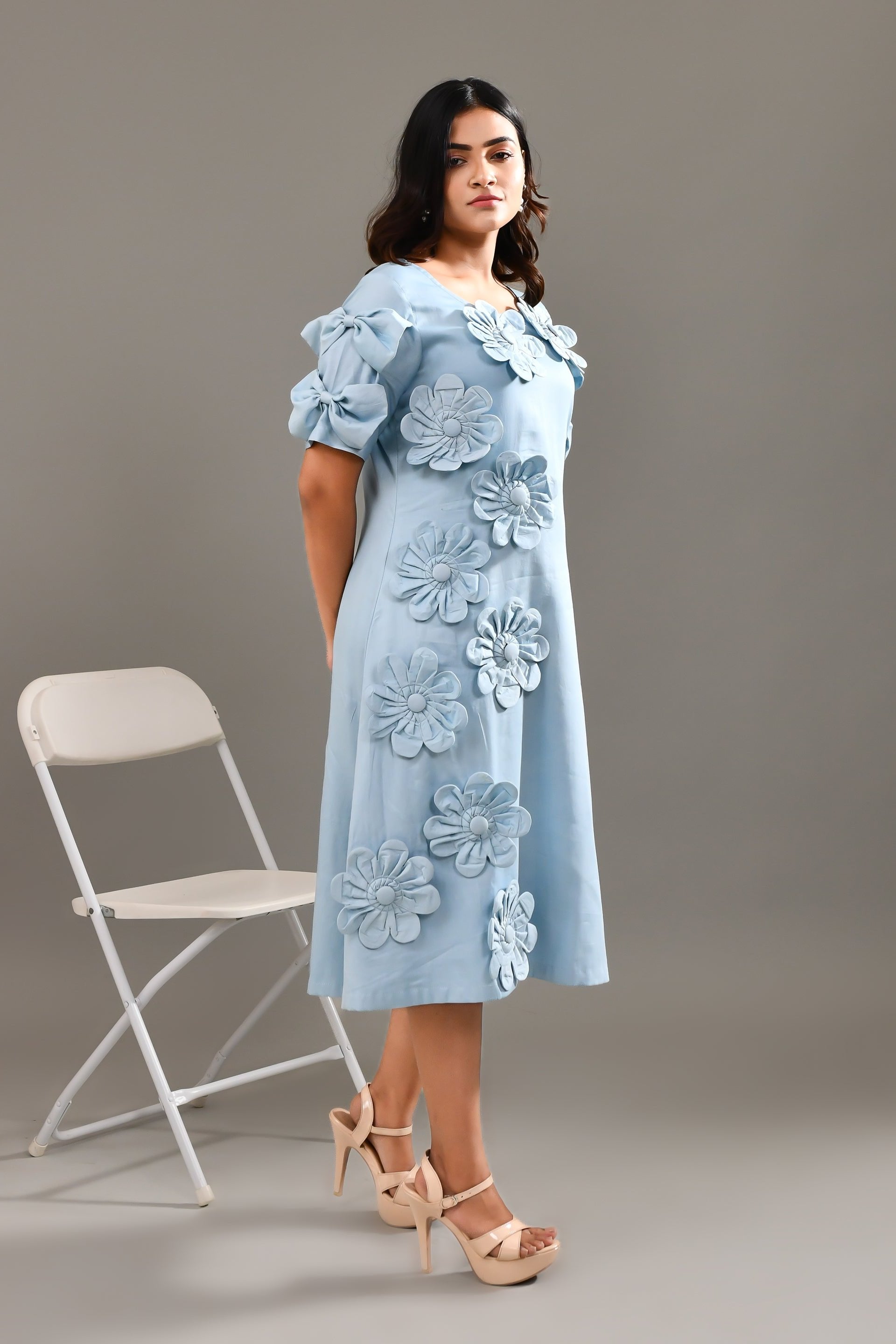 Sky Blue Flower Applique Worked Blended Cotton Dress - Golden Muslin