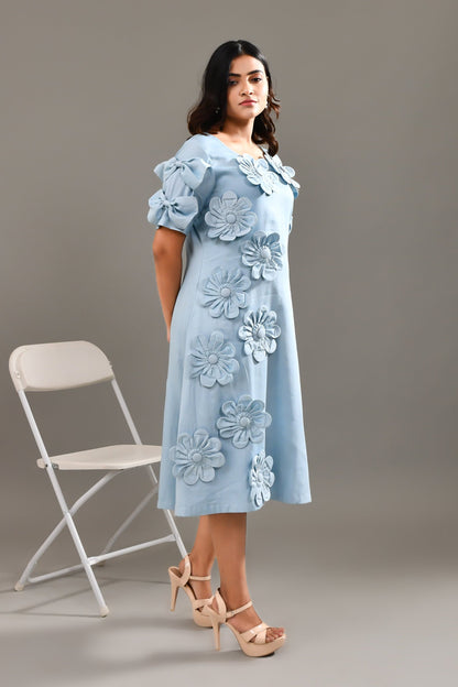 Sky Blue Flower Applique Worked Blended Cotton Dress - Golden Muslin