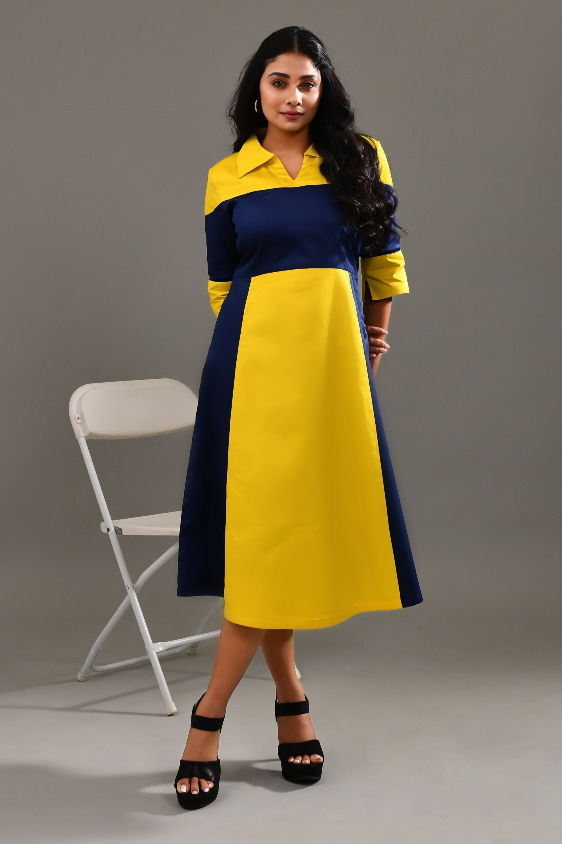 Yellow & Dark Blue Blended Cotton Self Patterned Dress - Golden Muslin