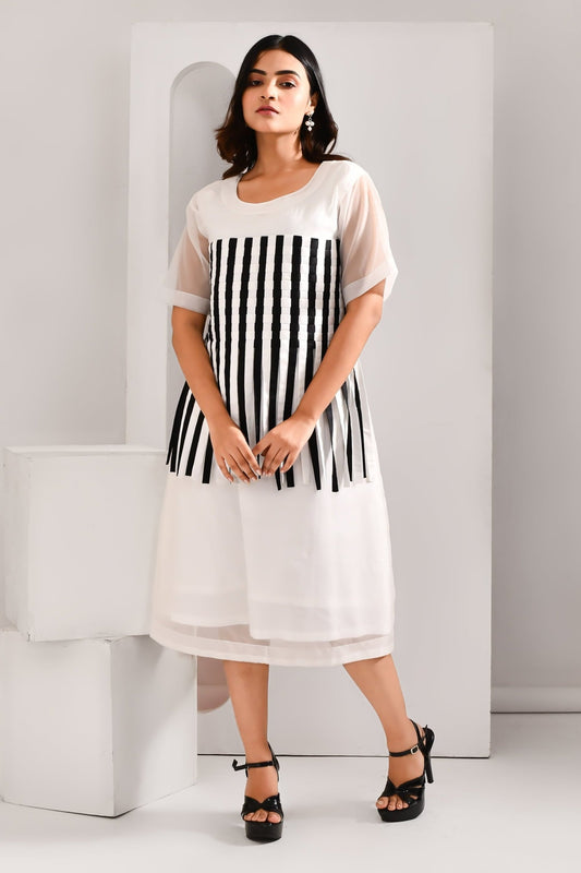 White & Black Blended Cotton & Organza Striped Dress - Golden Muslin