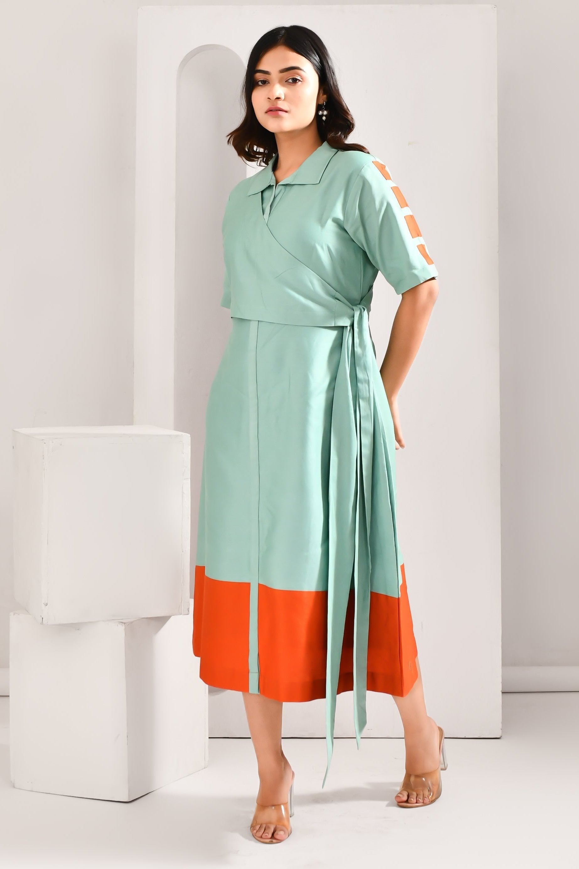 Light Blue & Orange Blended Cotton Solid Jacket Style Dress - Golden Muslin