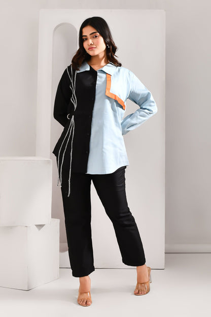 Black & Sky Blue Thread Worked Blended Cotton Shirt - Golden Muslin