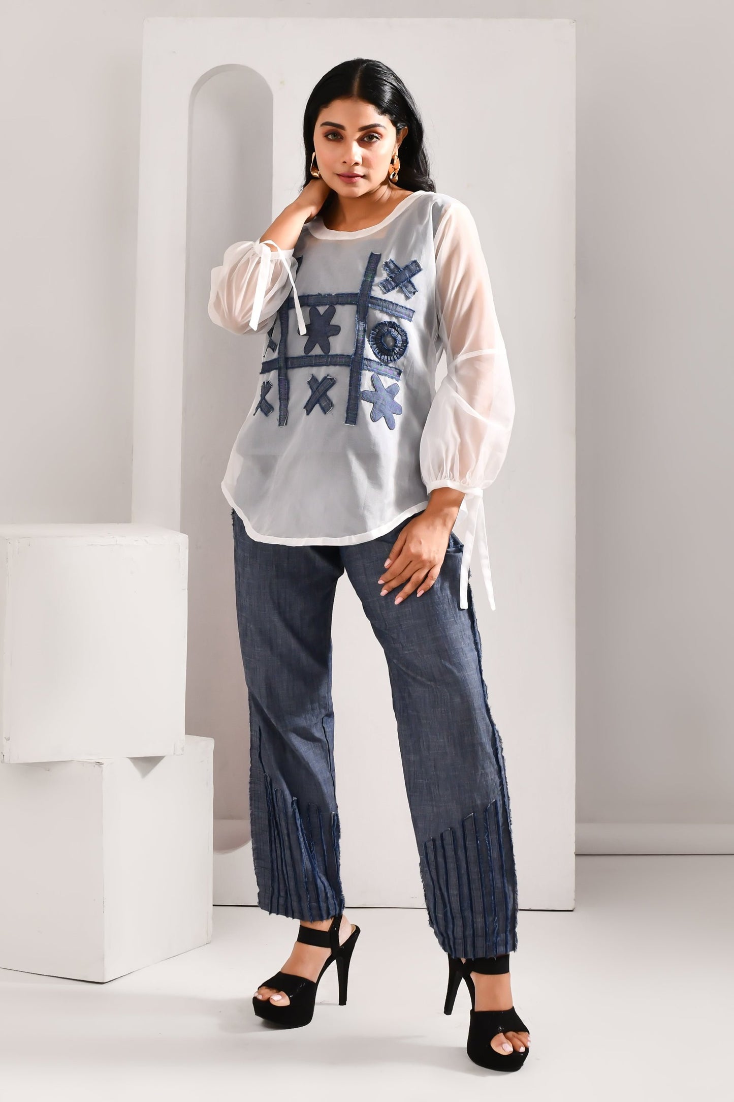 White & Blue Denim & Blended Cotton Co Ord Set - Golden Muslin