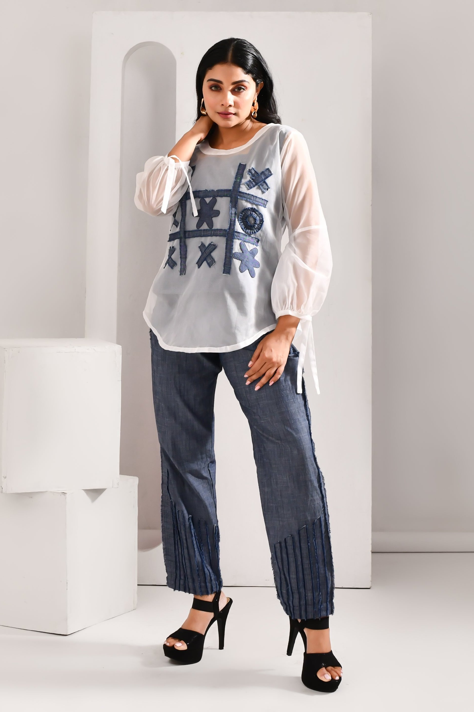 White & Blue Denim & Blended Cotton Co Ord Set - Golden Muslin
