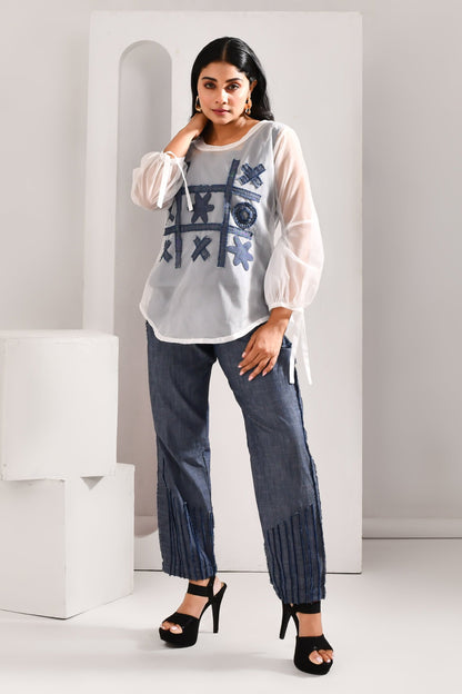 White & Blue Denim & Blended Cotton Co Ord Set - Golden Muslin