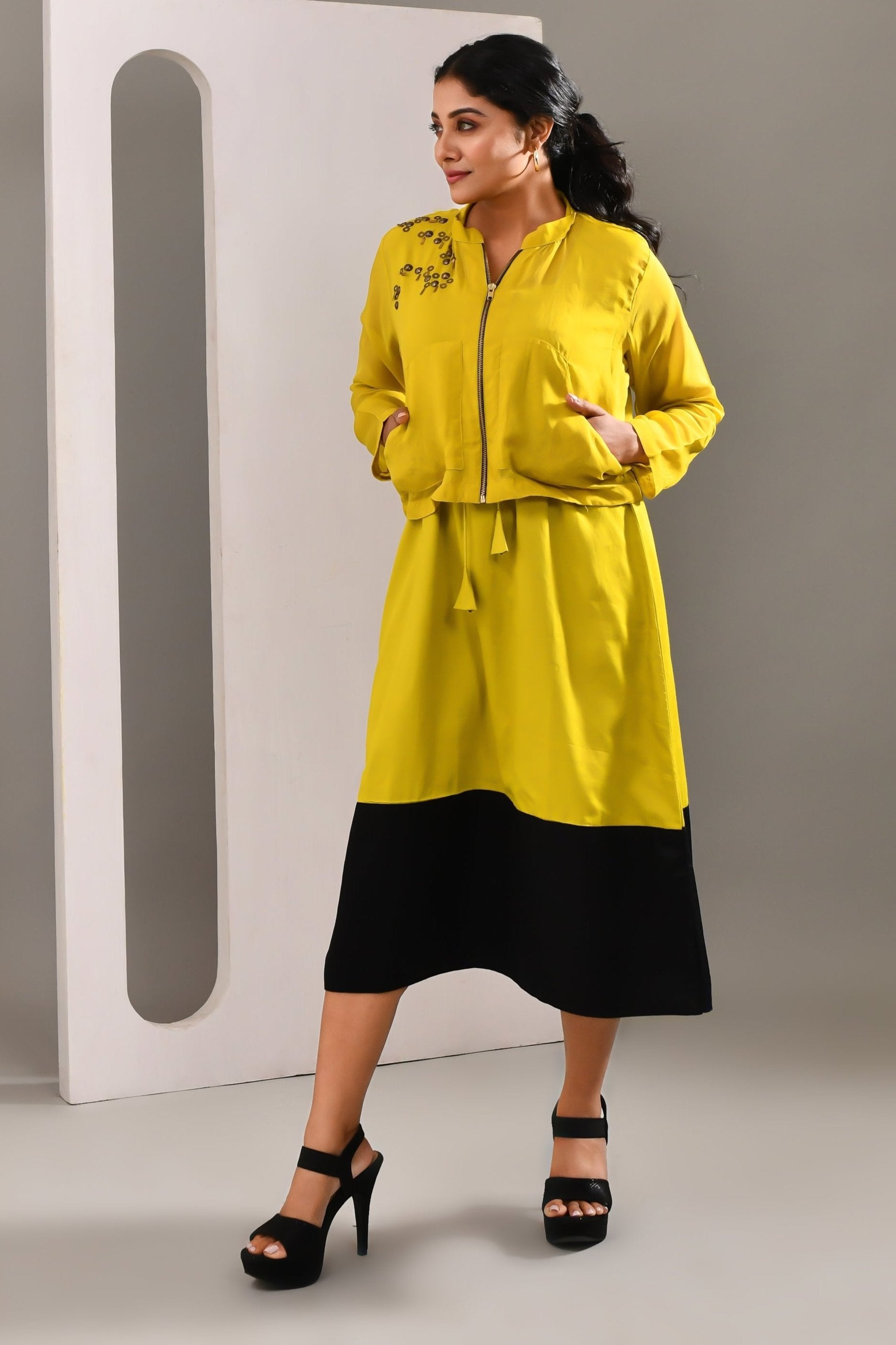 Deep Lime Green Blended Cotton and Organza Co Ord Set - Golden Muslin