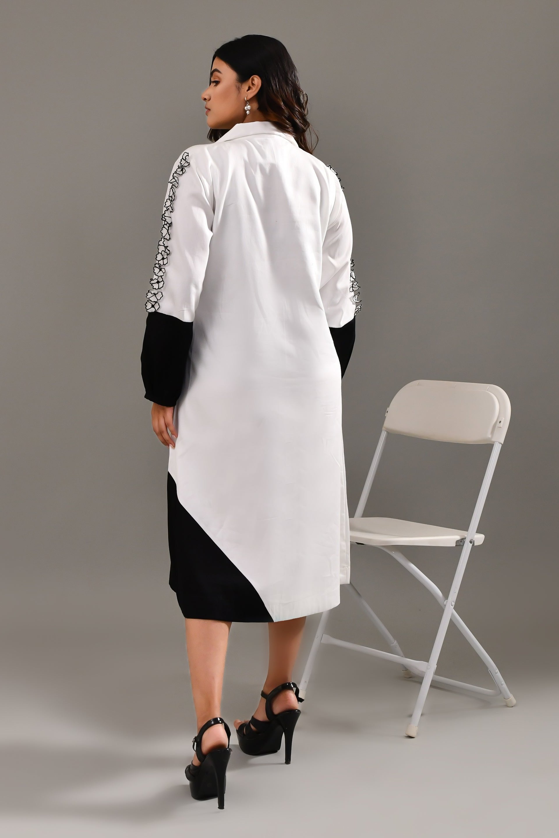 White and Black Blended Cotton Dress - Golden Muslin