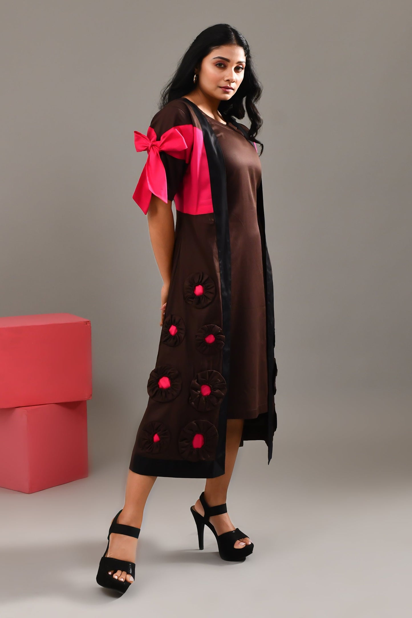 Chocolate Brown Blended Cotton Jacket Style Dress - Golden Muslin