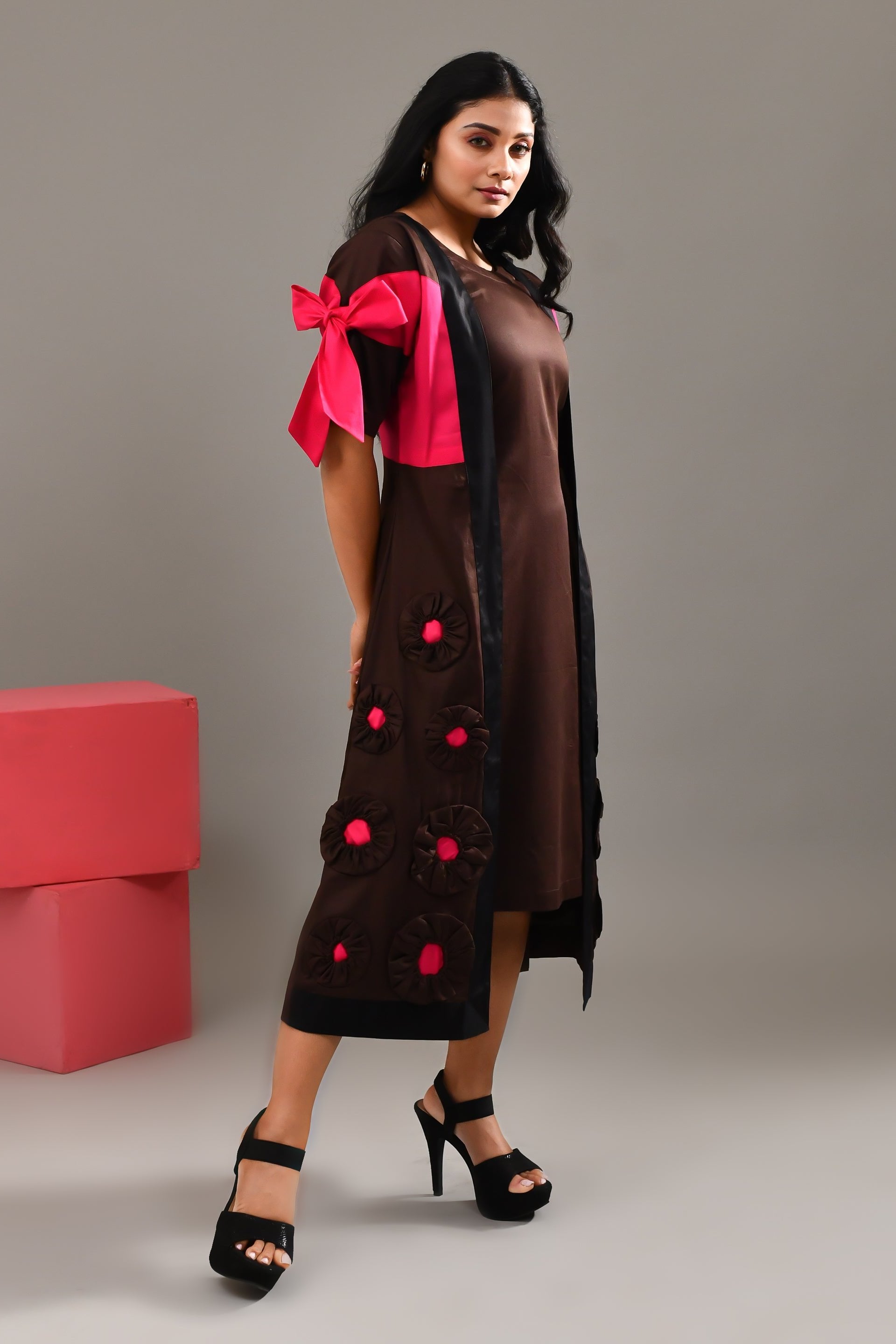 Chocolate Brown Blended Cotton Jacket Style Dress - Golden Muslin
