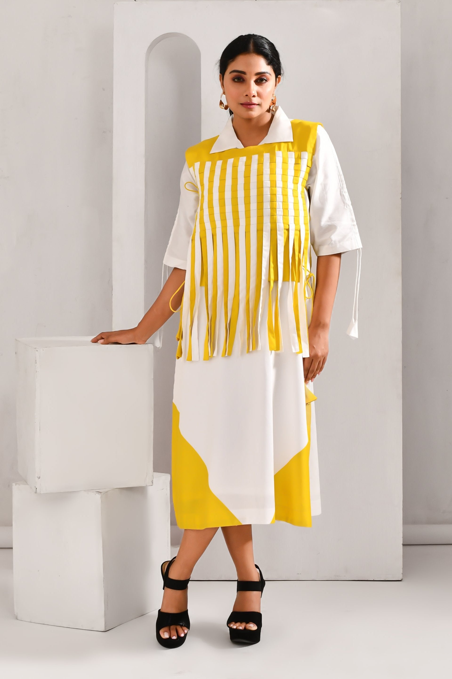 White and Lime Yellow Blended Cotton Striped Dress - Golden Muslin