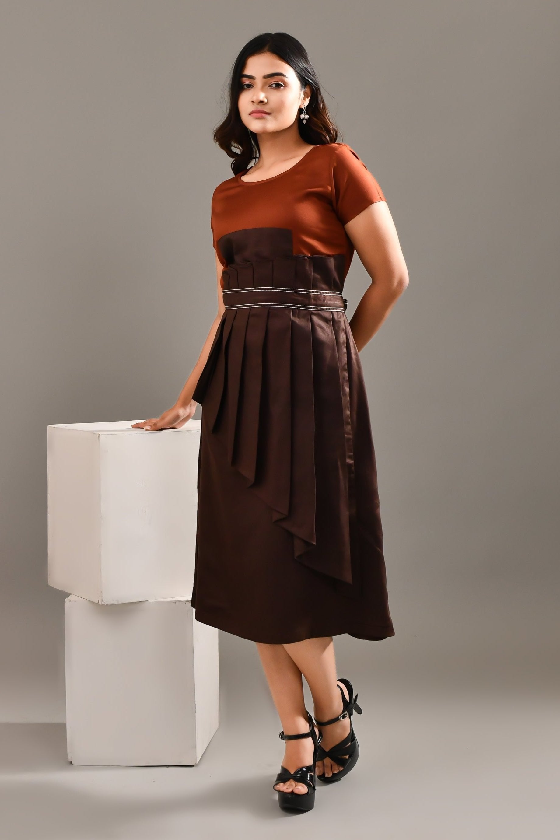 Rust & Brown Blended Cotton Self Textured Dress - Golden Muslin