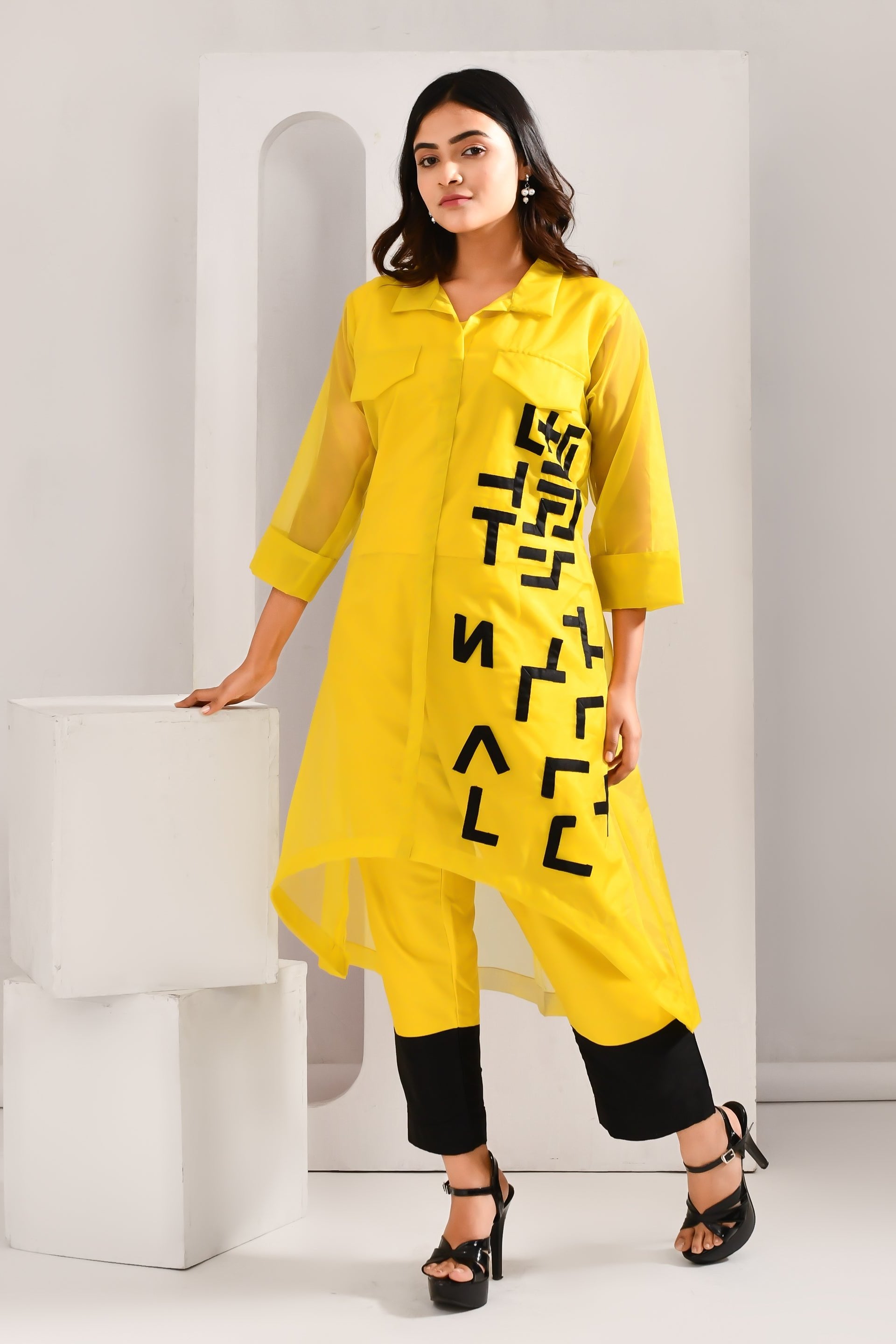 Yellow and Black Blended Cotton and Organza Co Ord Set - Golden Muslin