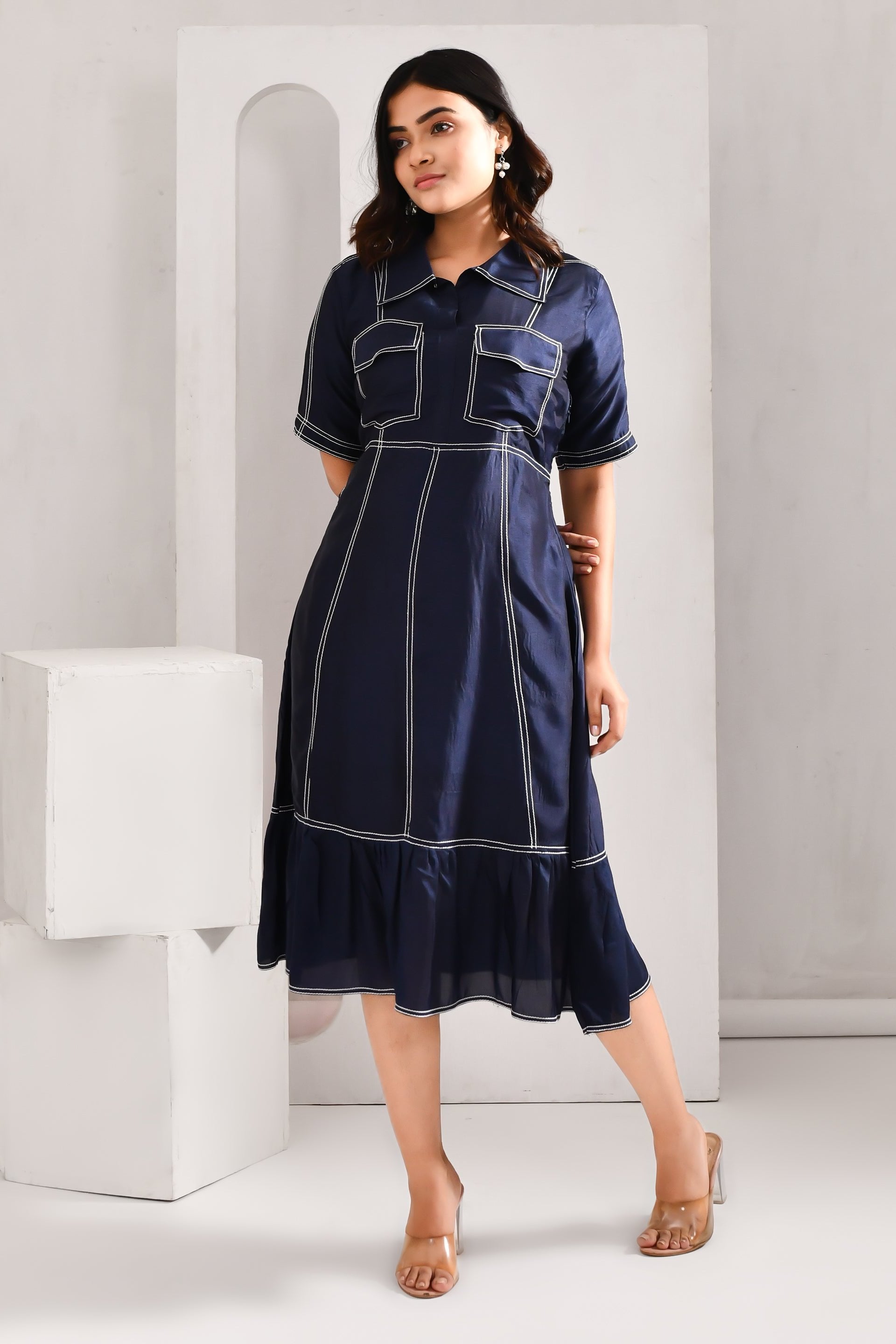 Deep Midnight Blue Blended Cotton Denim Textured Dress - Golden Muslin