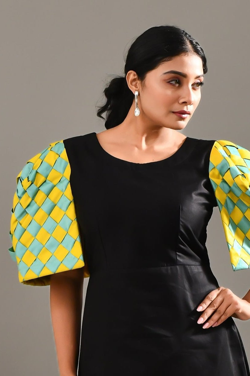 Personified Black Blended Cotton Geometric Style Dress - Golden Muslin