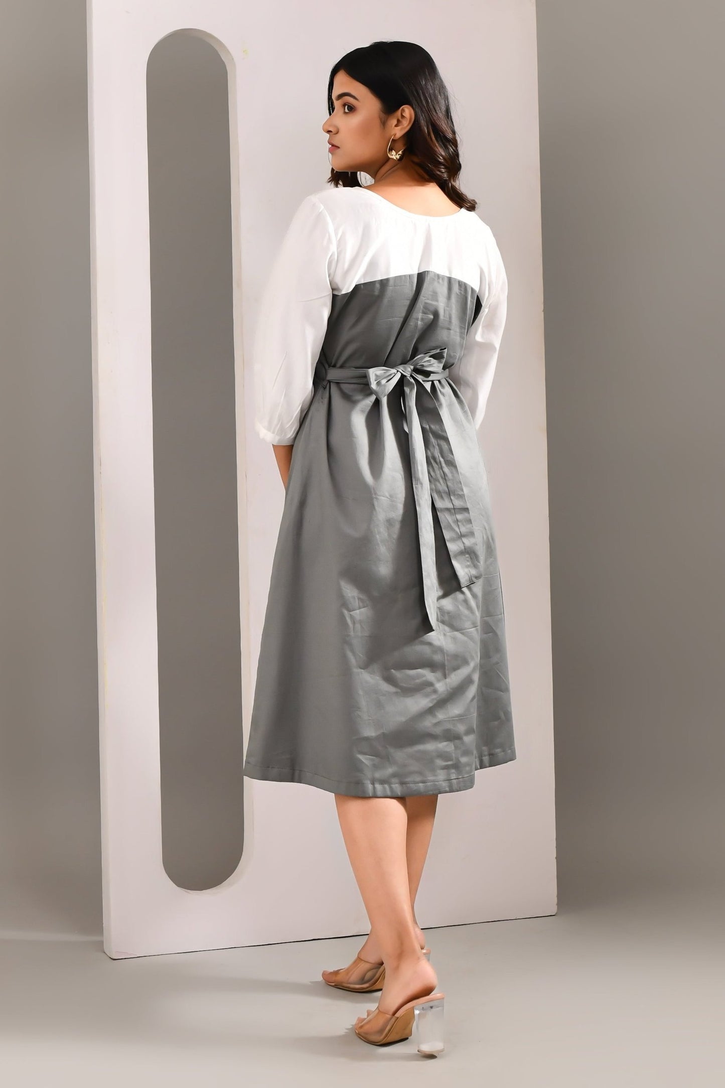 Stylish Grey & White Blended Cotton Self Textured Dress - Golden Muslin