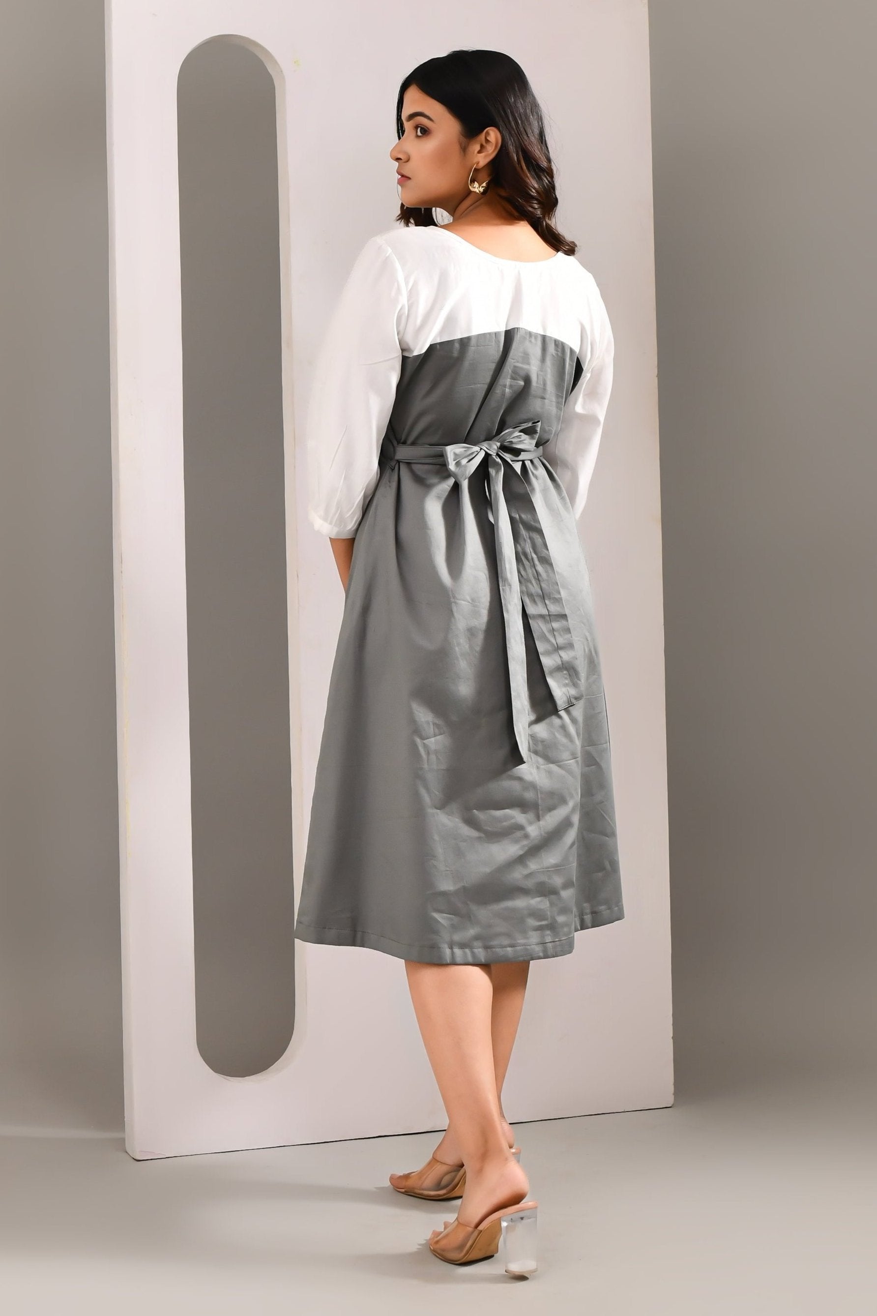 Stylish Grey & White Blended Cotton Self Textured Dress - Golden Muslin