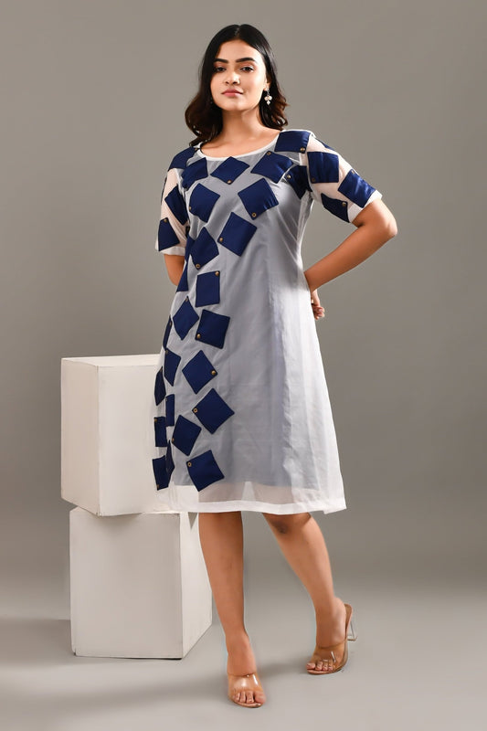 Grey & Blue Blended Cotton & Organza Geometric Patterned Dress - Golden Muslin