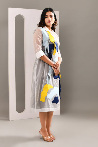 Multicolored  Layered Blended Cotton & Organza Abstract Patterned Dress - Golden Muslin