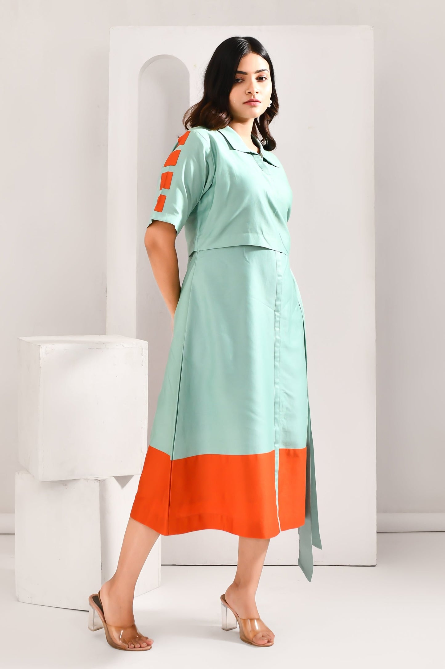 Light Blue & Orange Blended Cotton Solid Jacket Style Dress - Golden Muslin
