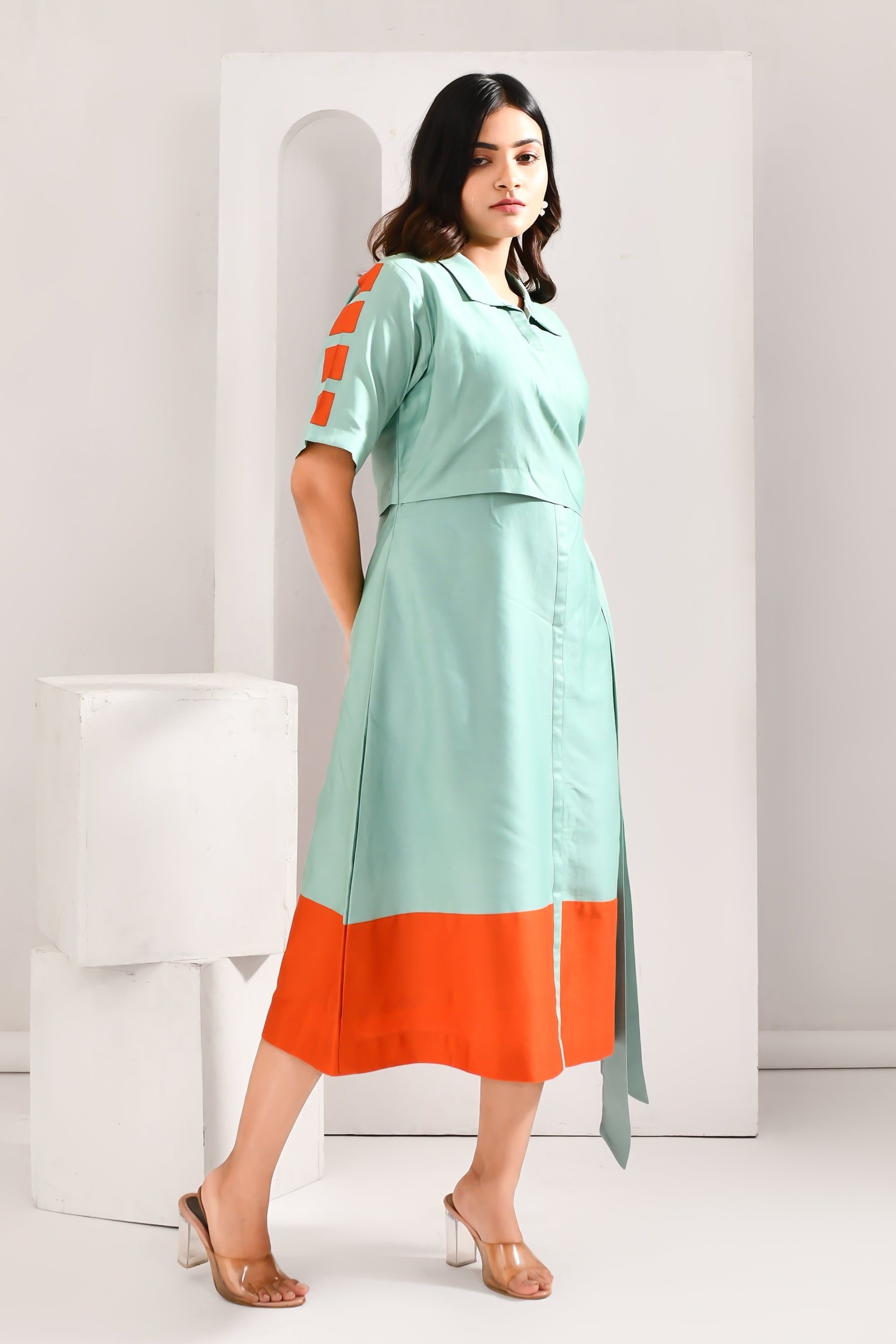 Light Blue & Orange Blended Cotton Solid Jacket Style Dress - Golden Muslin