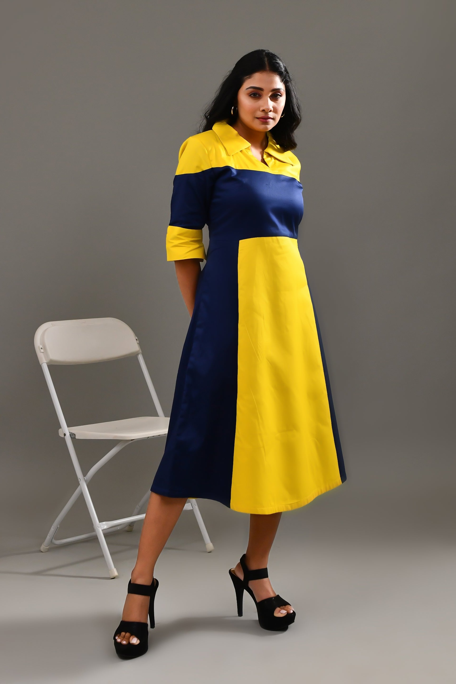Yellow & Dark Blue Blended Cotton Self Patterned Dress - Golden Muslin