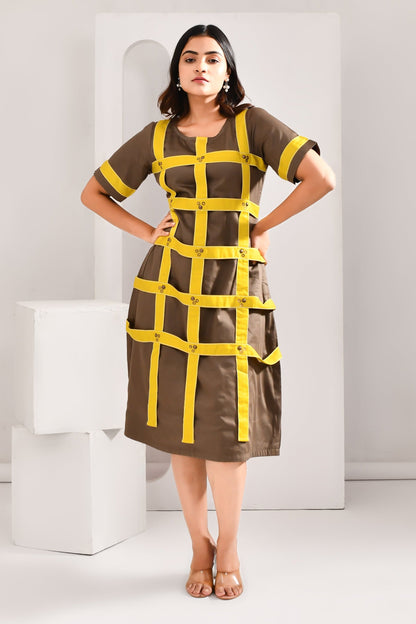 Biscuit Brown Blended Cotton Contrasting Dress - Golden Muslin
