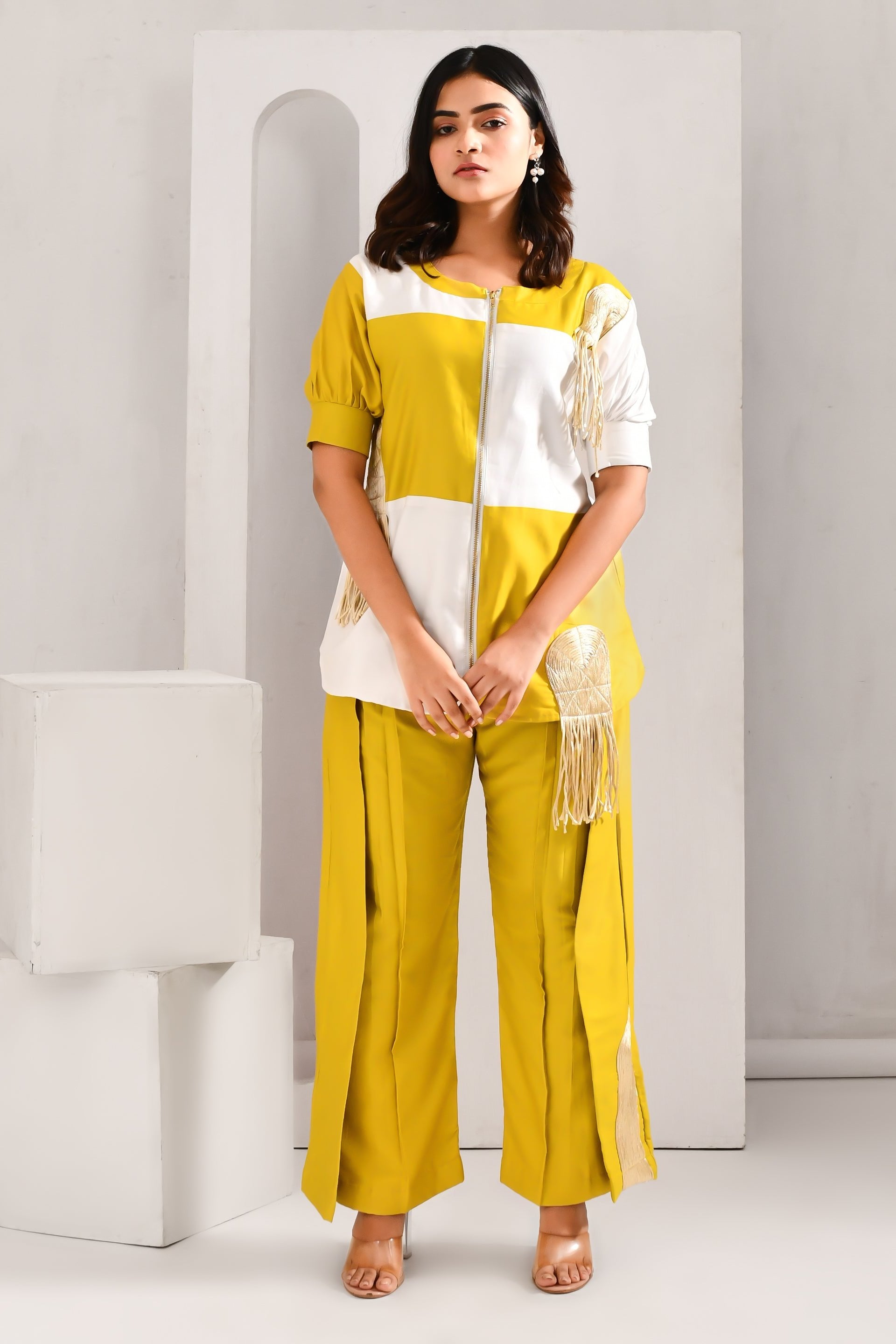 Greenish Yellow Blended Cotton Applique Worked Co Ord Set - Golden Muslin