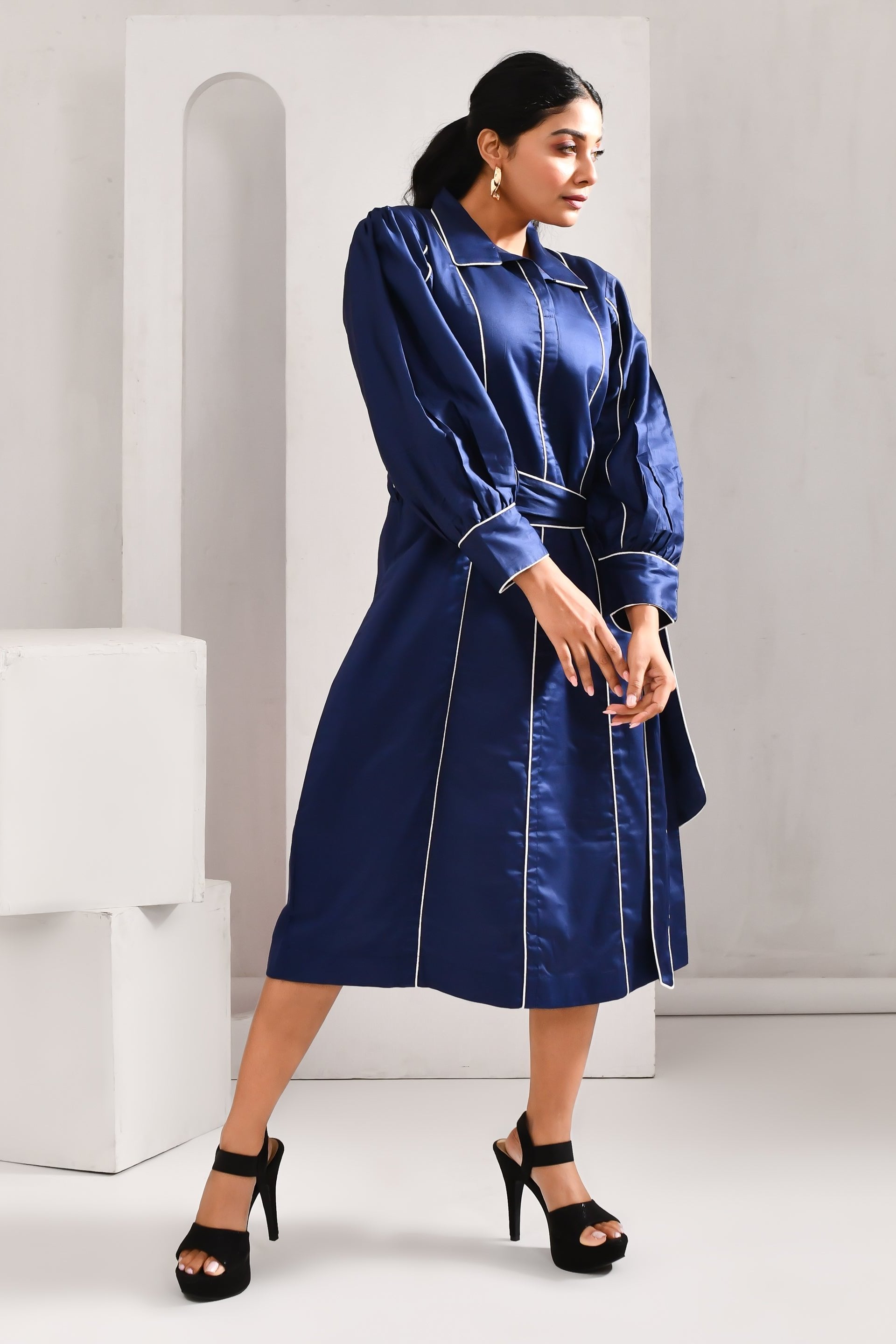 Navy Blue Blended Cotton Striped Dress - Golden Muslin
