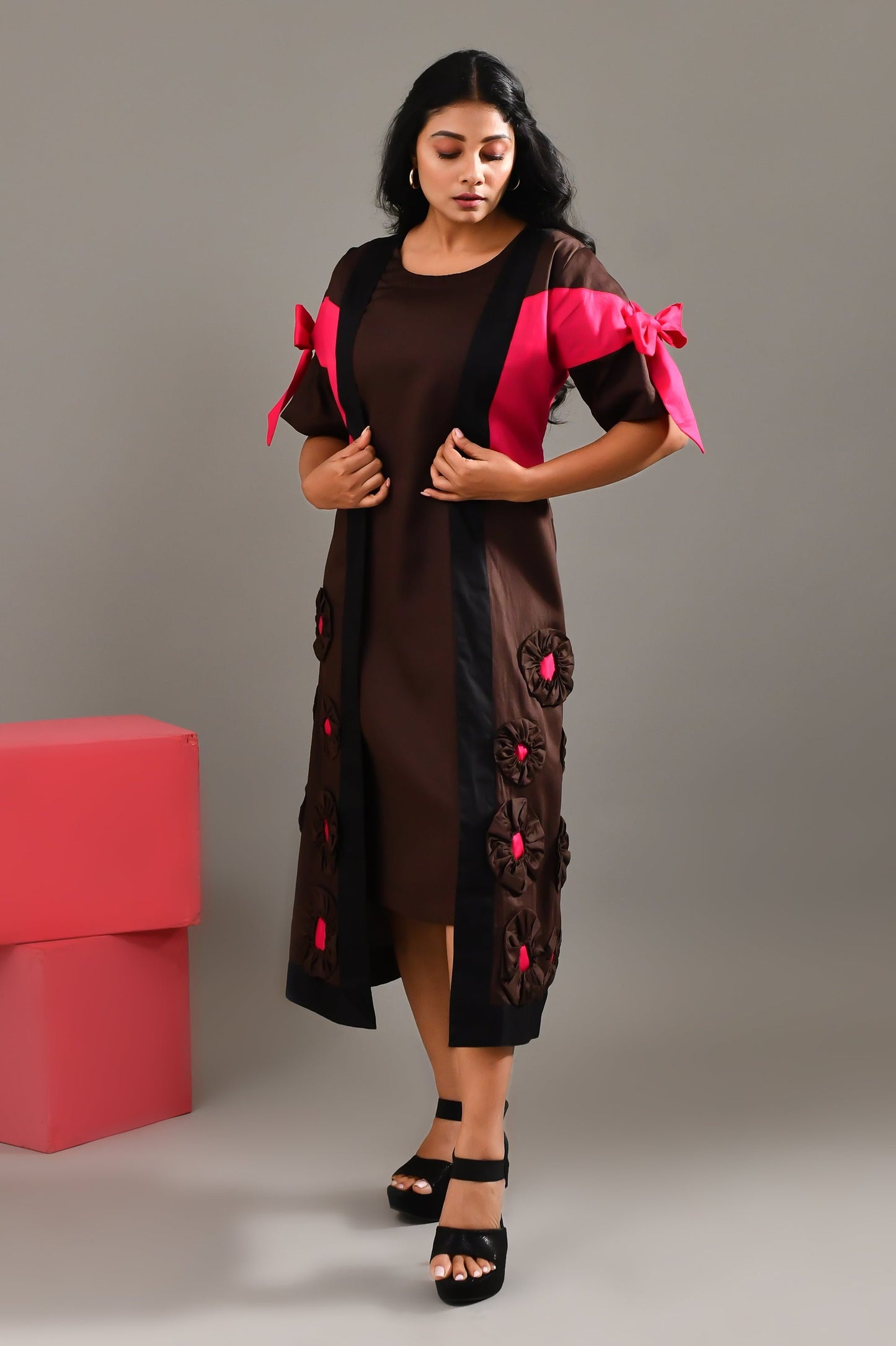 Chocolate Brown Blended Cotton Jacket Style Dress - Golden Muslin