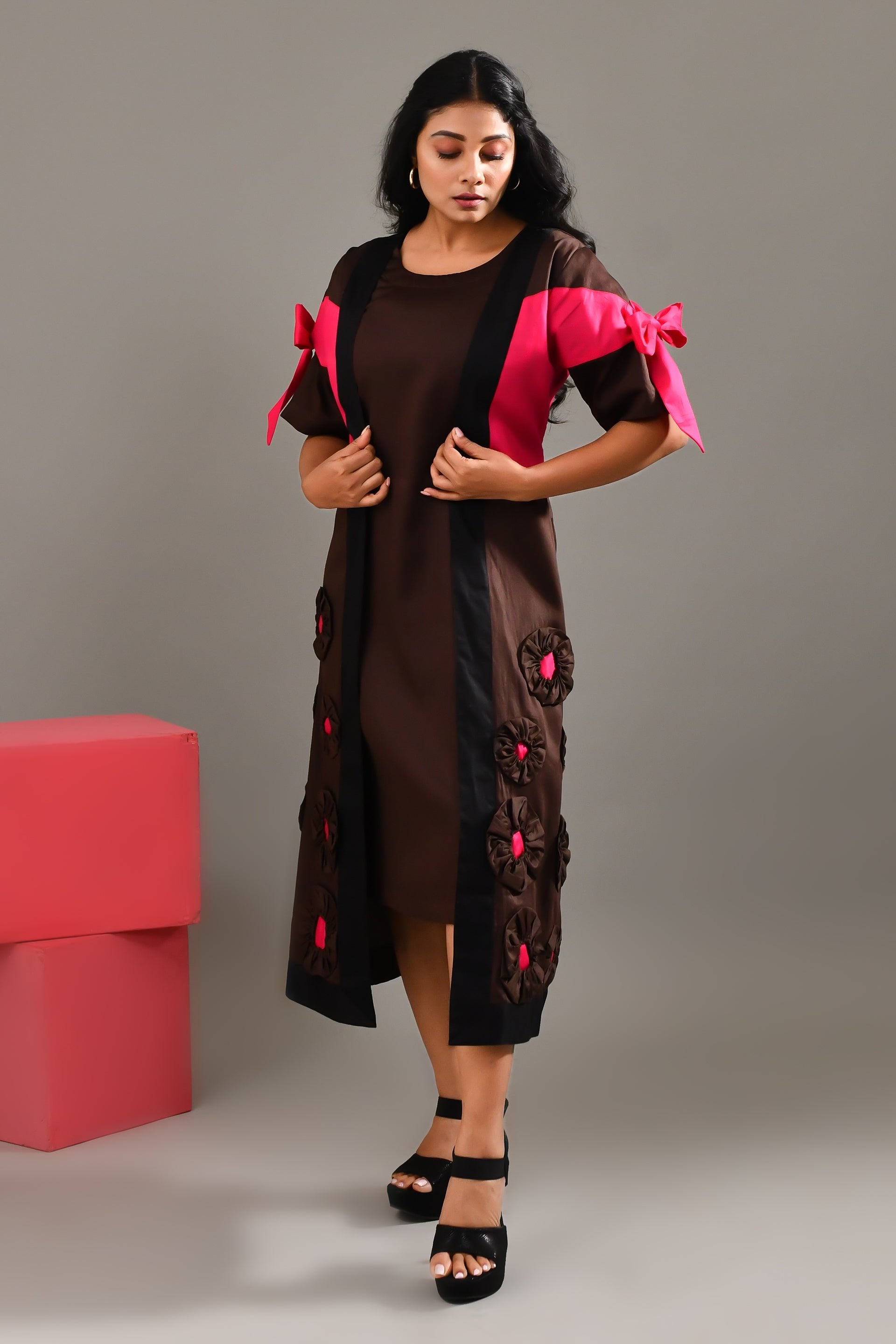 Chocolate Brown Blended Cotton Jacket Style Dress - Golden Muslin