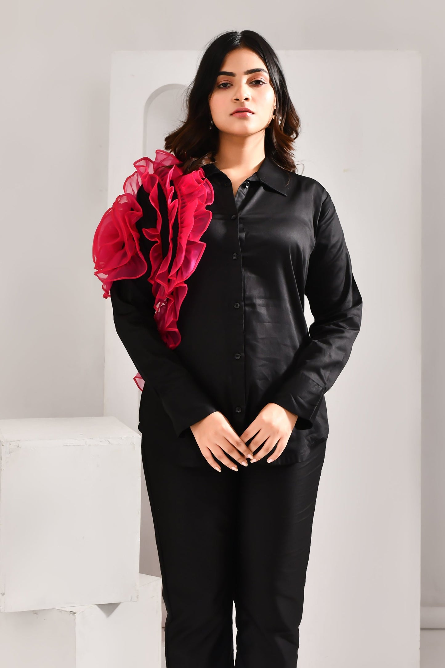 Black and Pink Flower Textured Blended Cotton Shirt - Golden Muslin