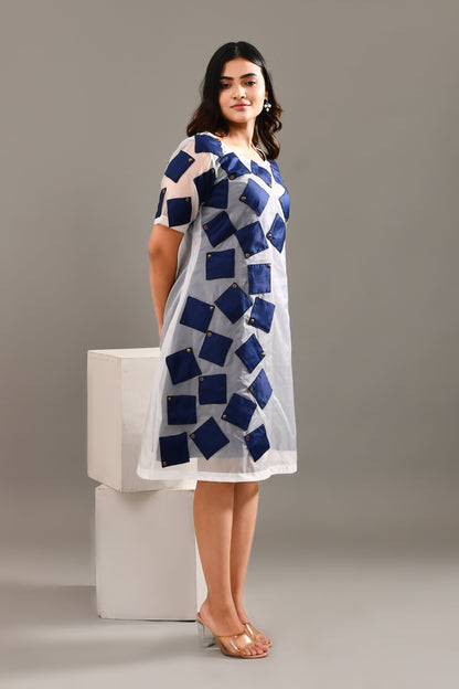 Grey & Blue Blended Cotton & Organza Geometric Patterned Dress - Golden Muslin