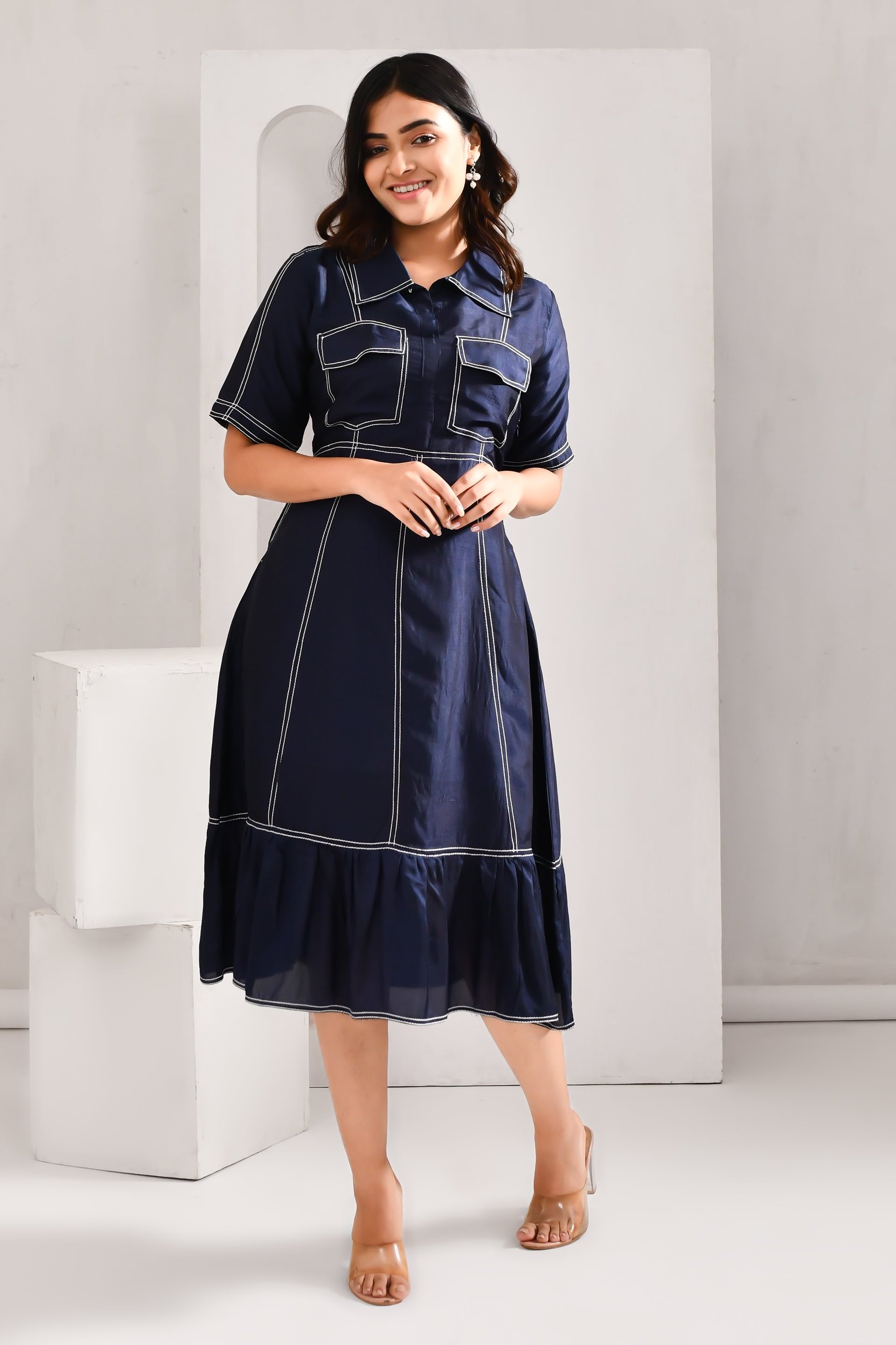 Deep Midnight Blue Blended Cotton Denim Textured Dress - Golden Muslin