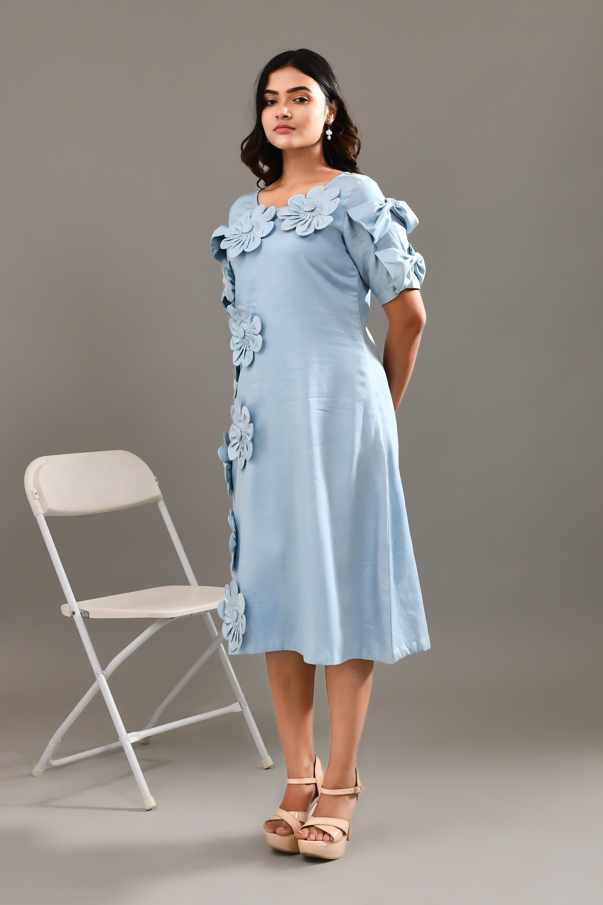 Sky Blue Flower Applique Worked Blended Cotton Dress - Golden Muslin